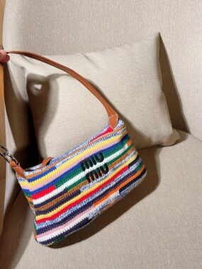Miu Miu Multicolor Striped Knit Shoulder Bag with Tan Leather Strap